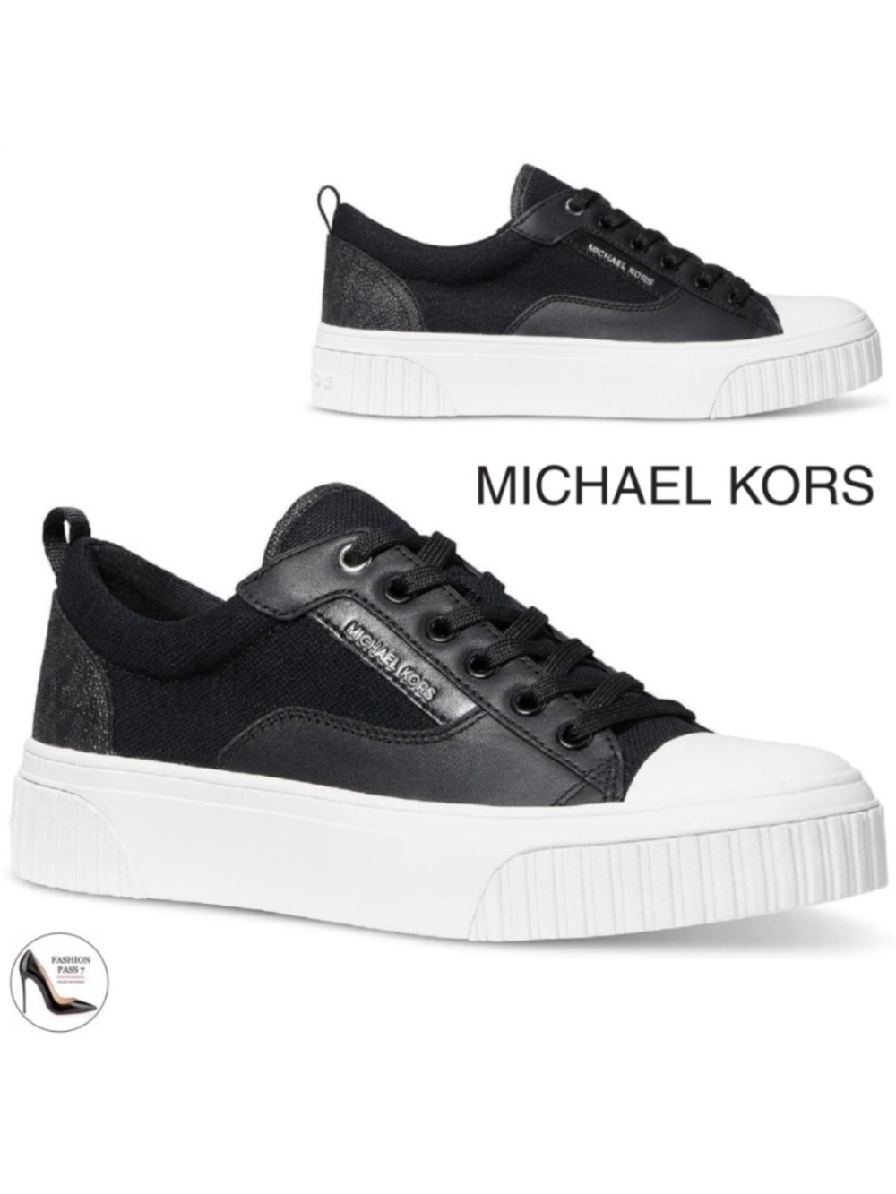 Michael Kors Oscar Black Leather Textile White Lace-Up Toe Cap Fashion Sneakers